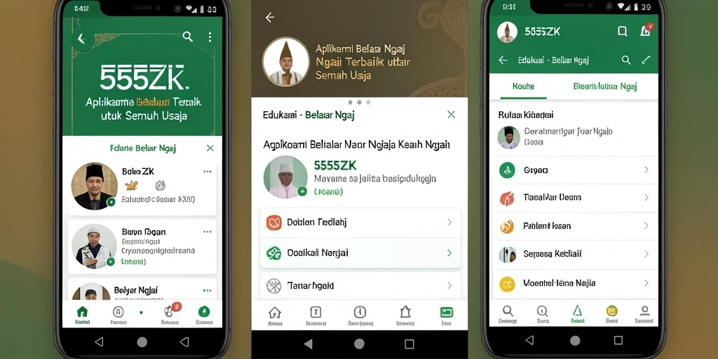 Screenshot aplikasi 555ZK menampilkan fitur interaktif belajar mengaji.
