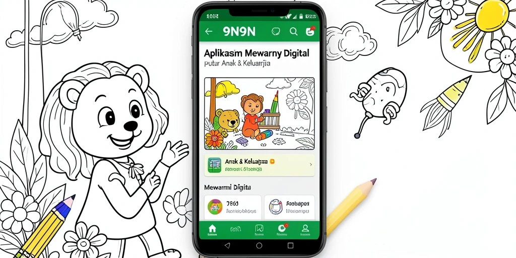 Antarmuka aplikasi 9N9N menampilkan berbagai pilihan alat mewarnai dan gambar.