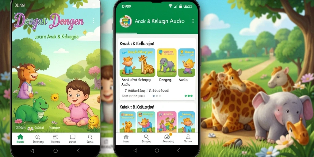 Antarmuka aplikasi IDR89 menampilkan pilihan dongeng audio yang menarik untuk anak-anak.