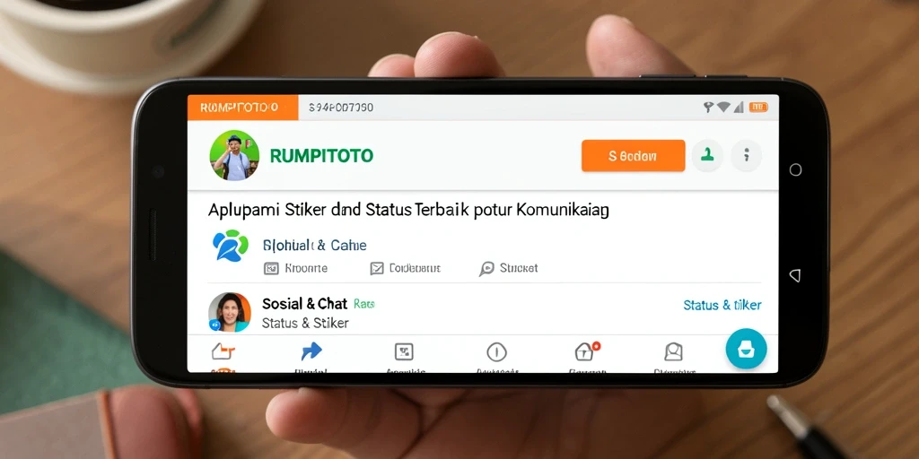 Antarmuka aplikasi RUMPITOTO menampilkan stiker dan status yang menarik.